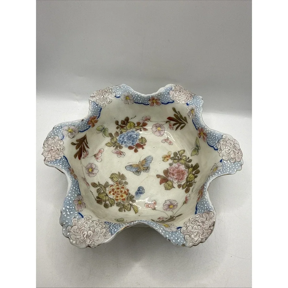 Vintage D&M NY Asian Style Porcelain Satsuma Cabbage Bowl Stamped Scalloped